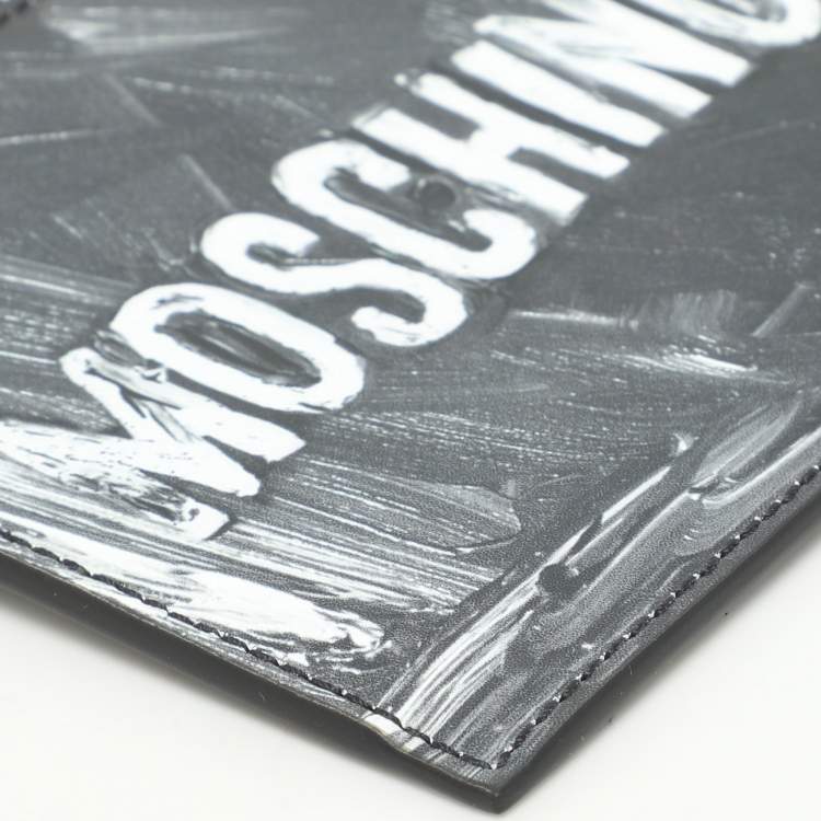 Pre Owned Moschino Grey Leather Logo Print Coin Purse