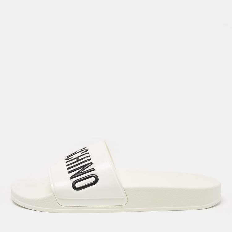 Pre Owned Moschino White Leather Logo Flat Sandals Size 42