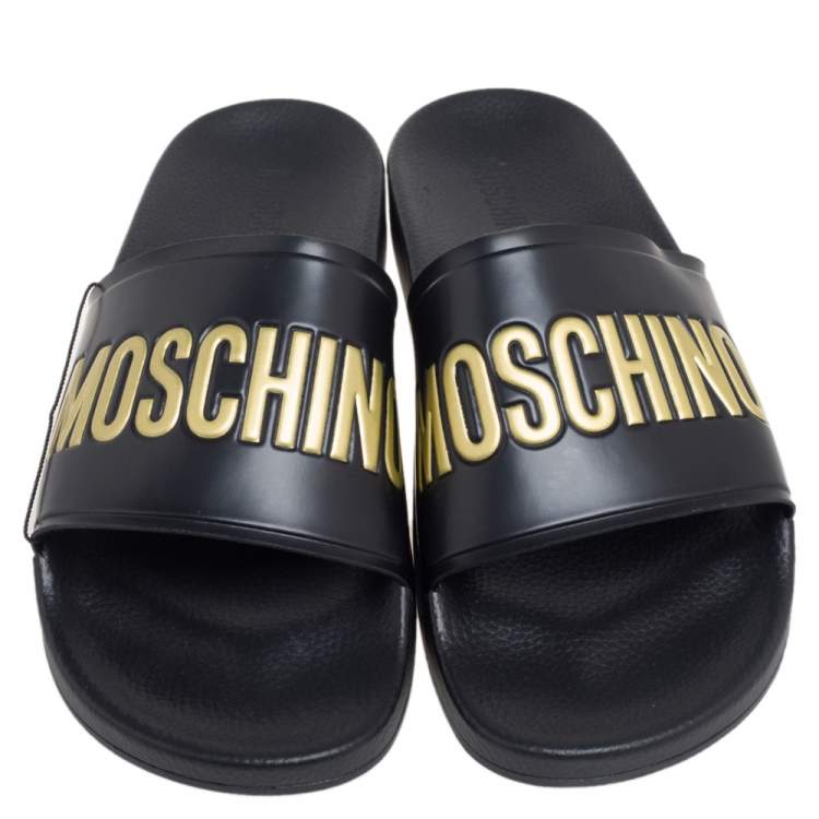 Pre Owned  Moschino Black Rubber Logo Slide Sandals Size 45