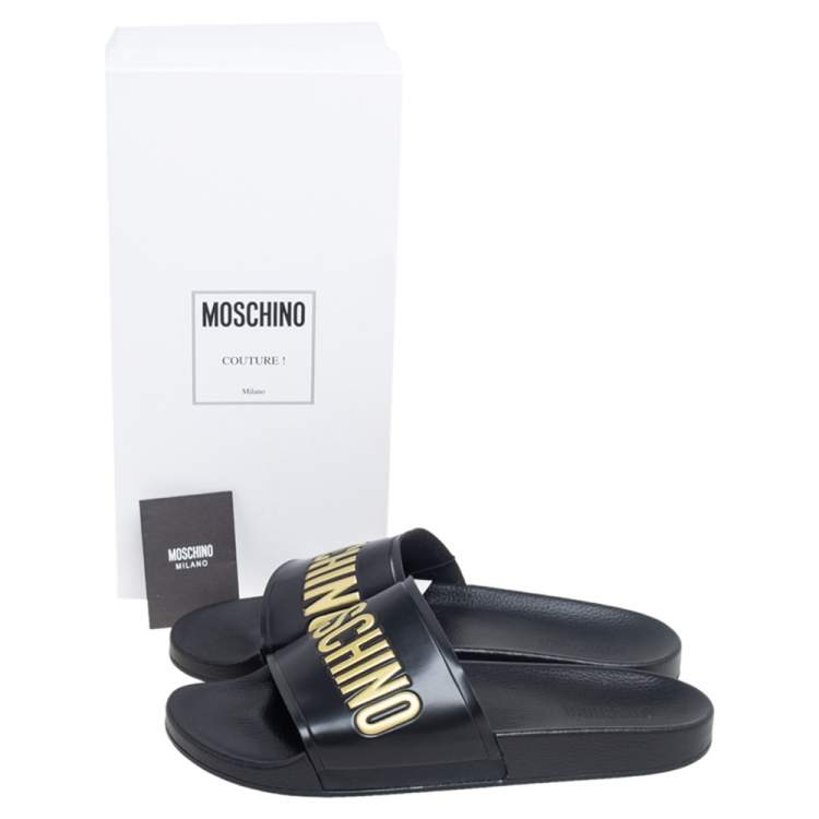 Pre Owned  Moschino Black Rubber Logo Slide Sandals Size 45