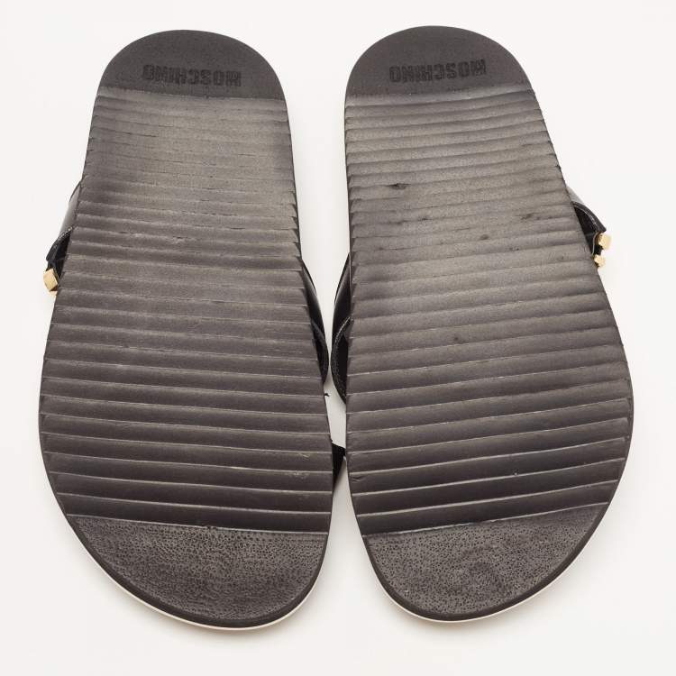 Pre Owned Moschino Black Leather Cross Strap Logo Detail Slides Size 44