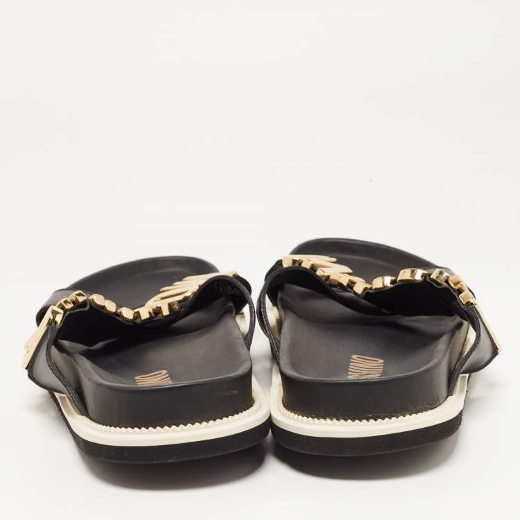 Pre Owned Moschino Black Leather Cross Strap Logo Detail Slides Size 44