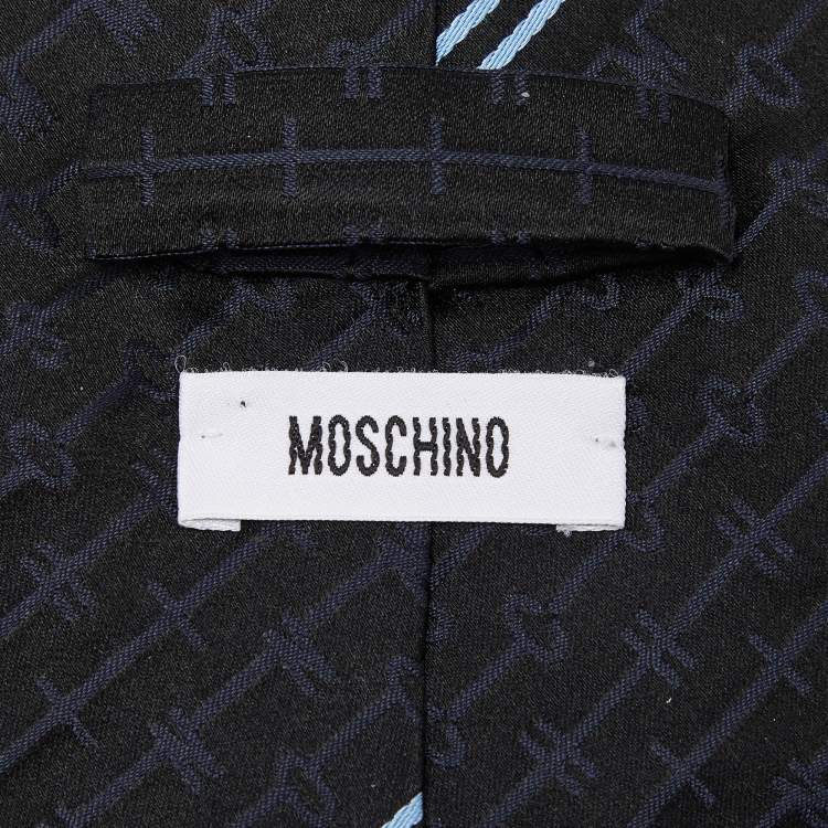 Pre Owned Moschino Vintage Black Diagonal Stripe Logo Patterned Silk Traditional Tie