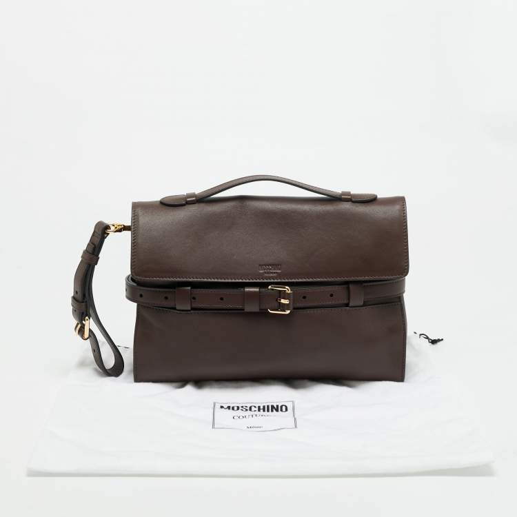 Pre Owned Moschino Tie Me Small Brown Leather Top Handle Bag