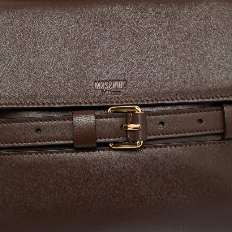 Pre Owned Moschino Tie Me Small Brown Leather Top Handle Bag