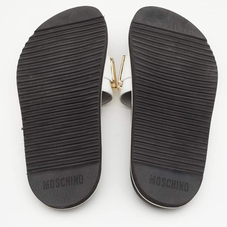 Pre Owned Moschino White/Black Leather Logo Plaque Flat Slide Sandals Size 41