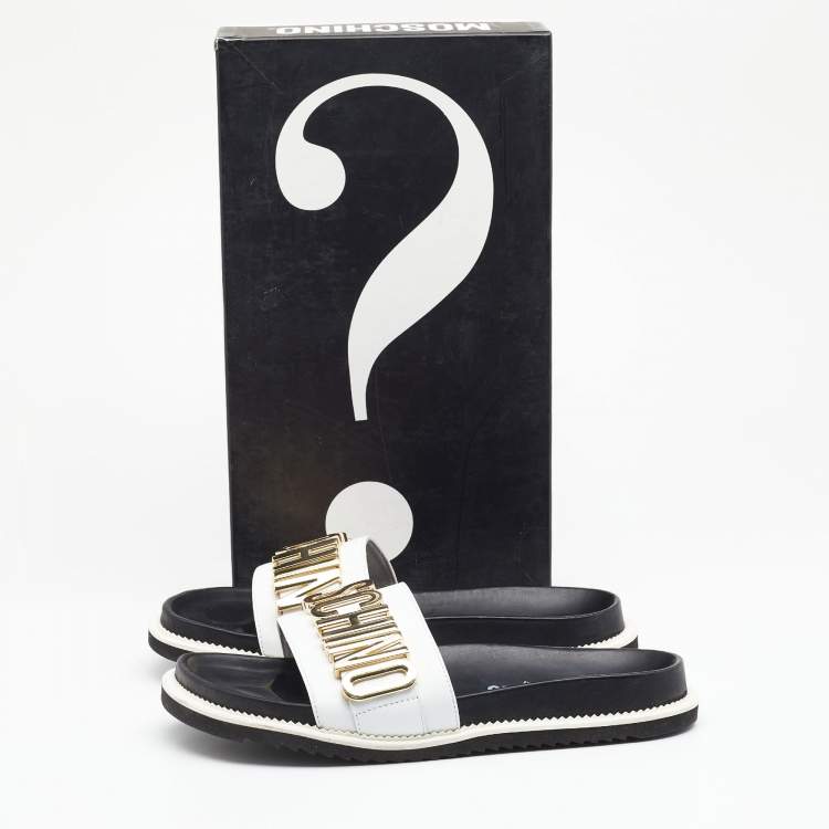 Pre Owned Moschino White/Black Leather Logo Plaque Flat Slide Sandals Size 41