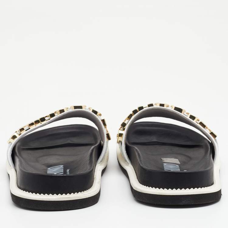 Pre Owned Moschino White/Black Leather Logo Plaque Flat Slide Sandals Size 41