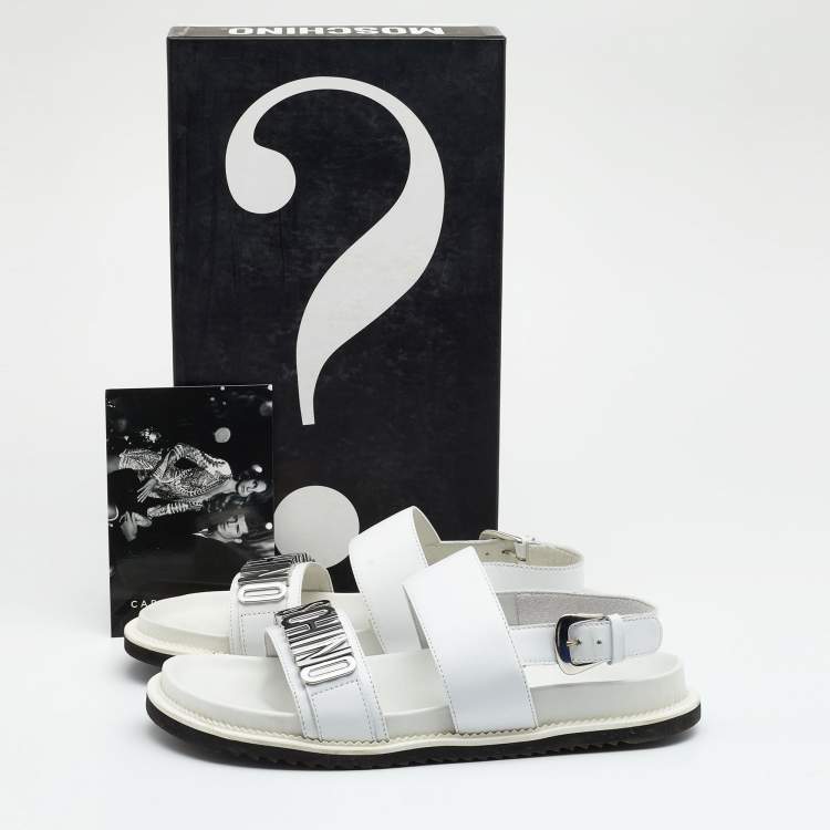 Pre Owned Moschino White Leather Logo Plaque Flat Sandals Size 42