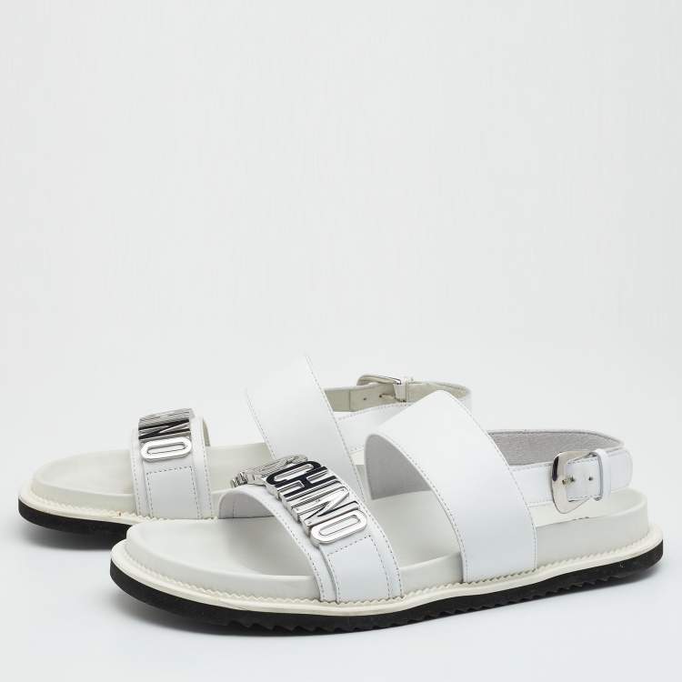Pre Owned Moschino White Leather Logo Plaque Flat Sandals Size 42