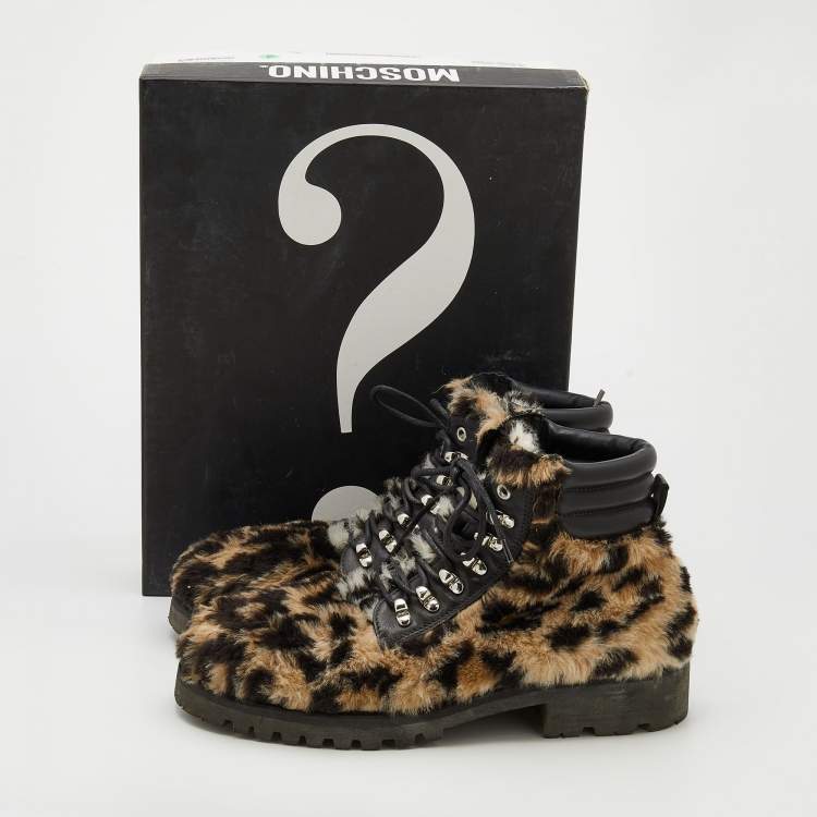 Pre Owned Moschino Tricolor Leopard Print Fur Ankle Length Boots Size 43
