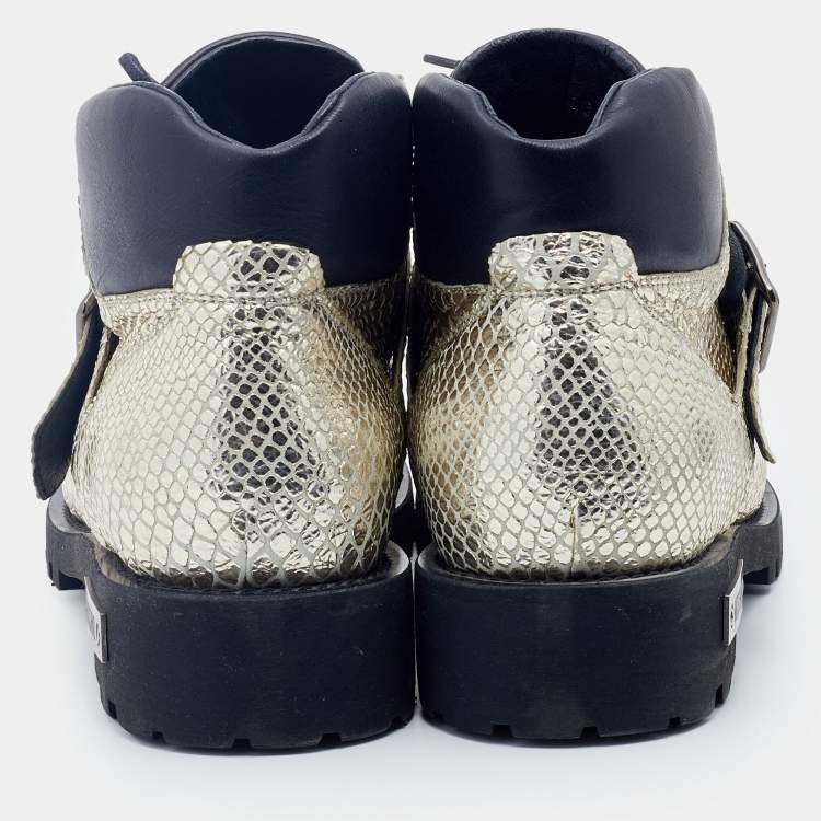 Pre Owned Moschino Metallic Gold Python Embossed Leather Ankle Length Boots Size 43