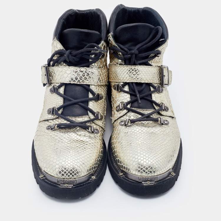 Pre Owned Moschino Metallic Gold Python Embossed Leather Ankle Length Boots Size 43