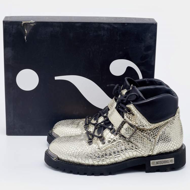 Pre Owned Moschino Metallic Gold Python Embossed Leather Ankle Length Boots Size 43