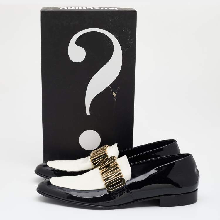 Pre Owned Moschino Black/White Patent Leather Logo Embellished Slip On Loafers Size 45
