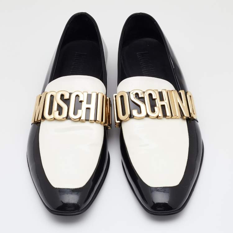 Pre Owned Moschino Black/White Patent Leather Logo Embellished Slip On Loafers Size 45