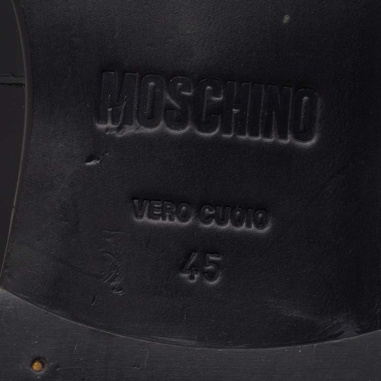 Pre Owned Moschino Black/White Patent Leather Logo Embellished Slip On Loafers Size 45