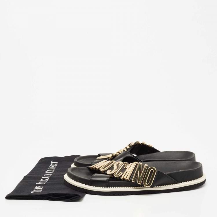 Pre Owned Moschino Black Leather Logo Crossover Slides Size 41