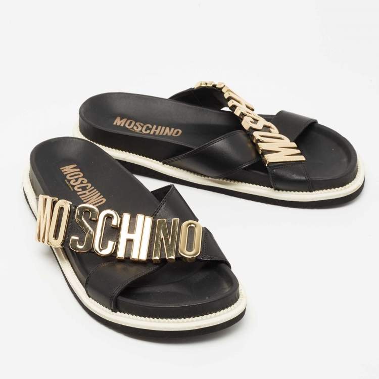 Pre Owned Moschino Black Leather Logo Crossover Slides Size 41