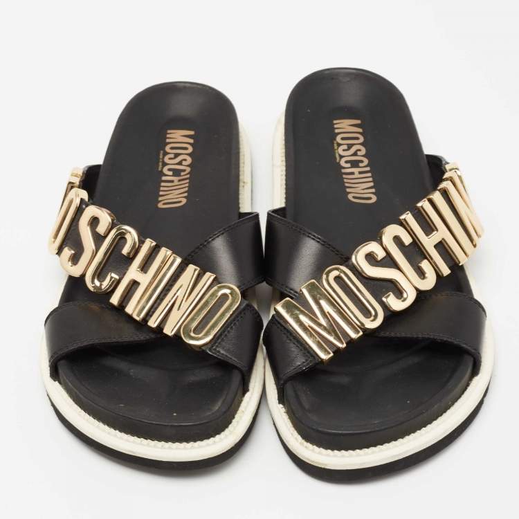 Pre Owned Moschino Black Leather Logo Crossover Slides Size 41