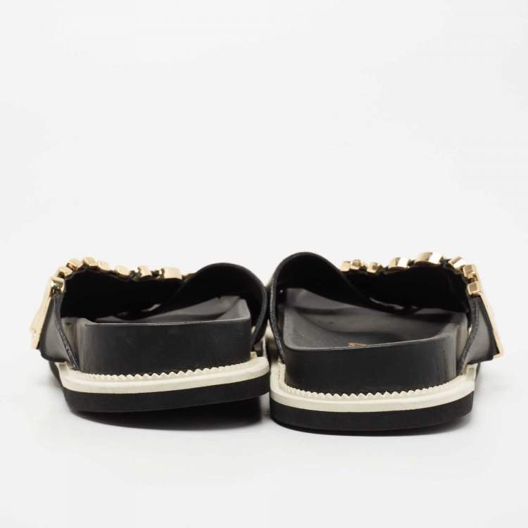 Pre Owned Moschino Black Leather Logo Crossover Slides Size 41