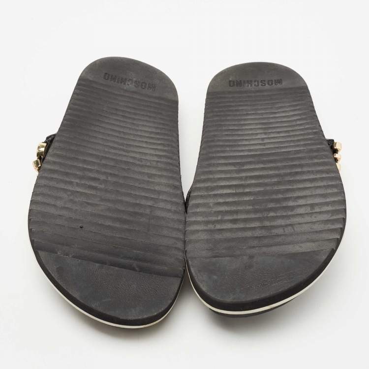 Pre Owned Moschino Black Leather Logo Crossover Slides Size 41