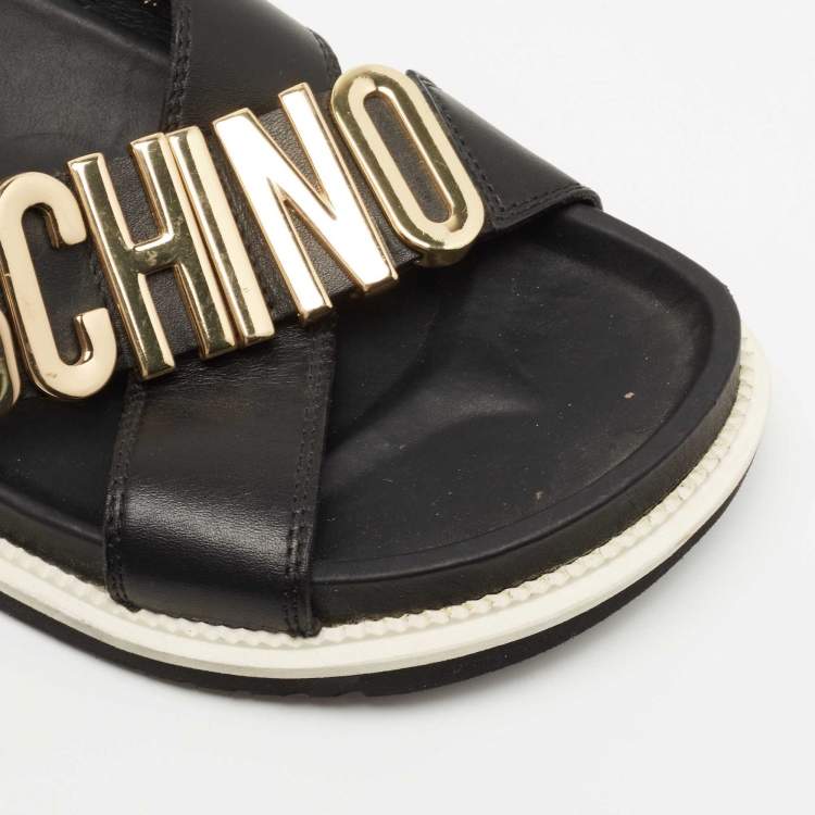 Pre Owned Moschino Black Leather Logo Crossover Slides Size 41
