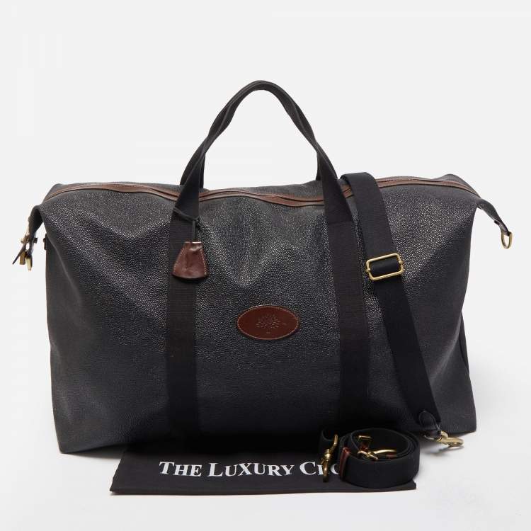 Pre Owned Mulberry Black/Brown Grain Leather Oversized Top Zip Weekender Bag