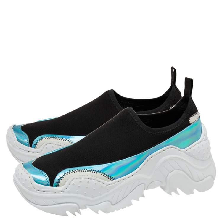 Pre Owned Nº21 Black Stretch Fabric and Iridescent Synthetic Leather Slip-On Sneakers Size 42