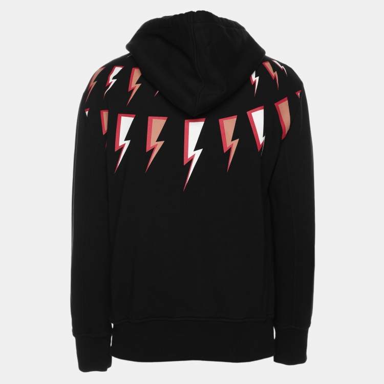 Pre Owned Neil Barrett Black Cotton Knit Lightning Bolt Print Hoodie S