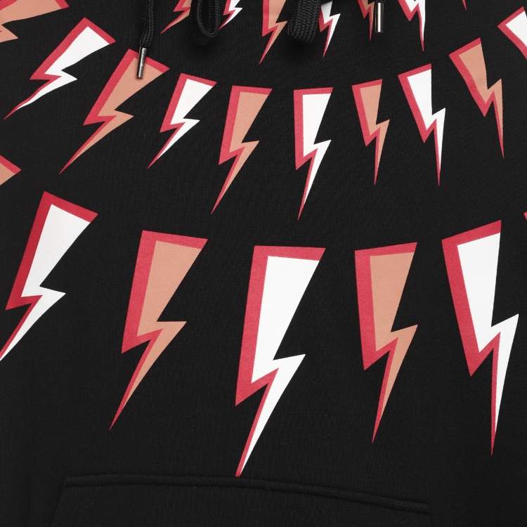 Pre Owned Neil Barrett Black Cotton Knit Lightning Bolt Print Hoodie S