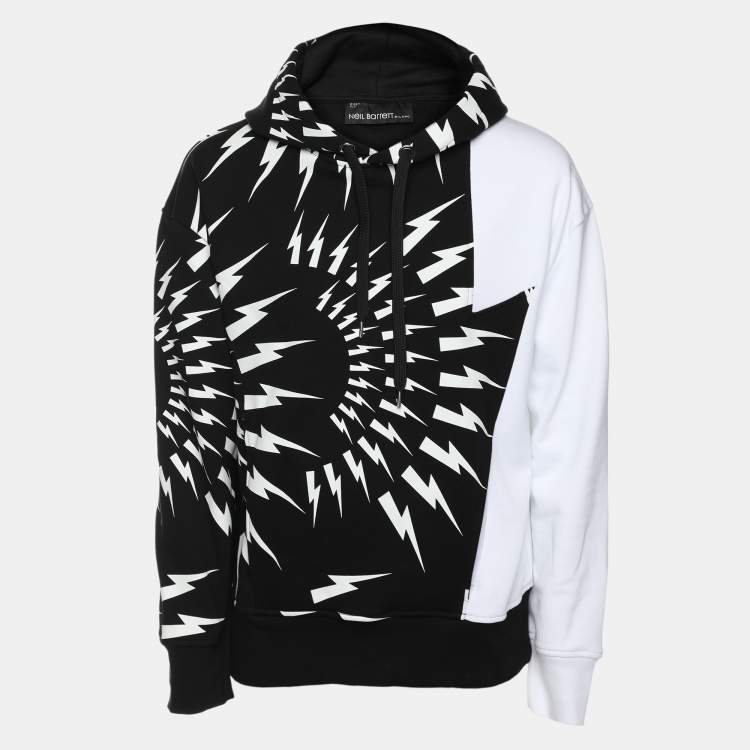 Pre Owned Neil Barrett Black/White Cotton Knit Lightning Bolt Print Hoodie S