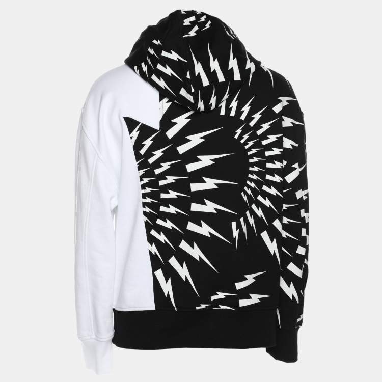 Pre Owned Neil Barrett Black/White Cotton Knit Lightning Bolt Print Hoodie S