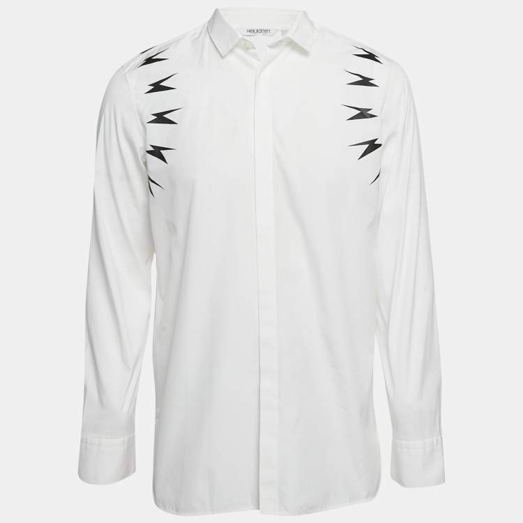 مملوكة مسبقًا Neil Barrett White Lighting Bolt Print Cotton Slim Fit Shirt L