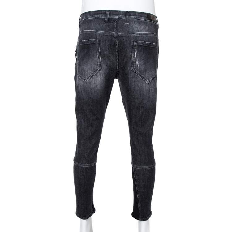 Pre Owned Neil Barrett Grey Ribbed Denim Regular Rise Skinny Fit Biker Jeans L