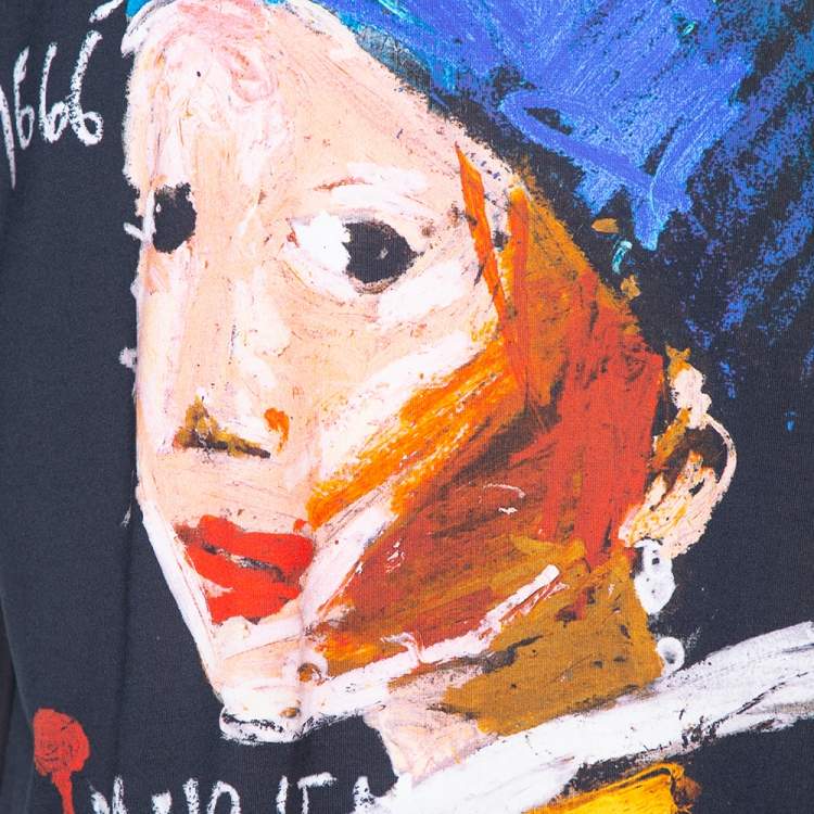 Pre Owned Neil Barrett Black Girl With The Pearl Earring Printed Cotton Crewneck T-Shirt L