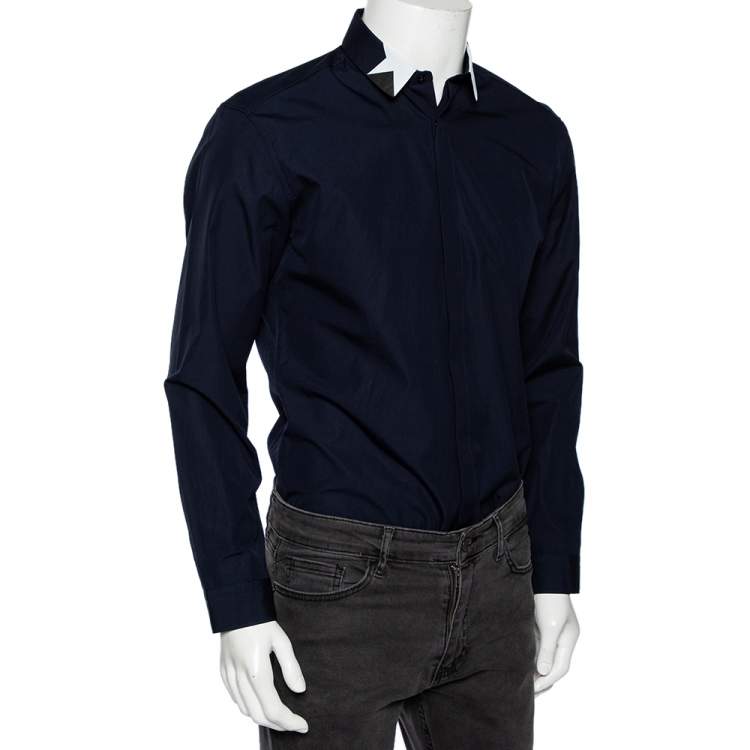 Pre Owned Neil Barrett Navy Blue Cotton Star Collar Slim Fit Shirt L