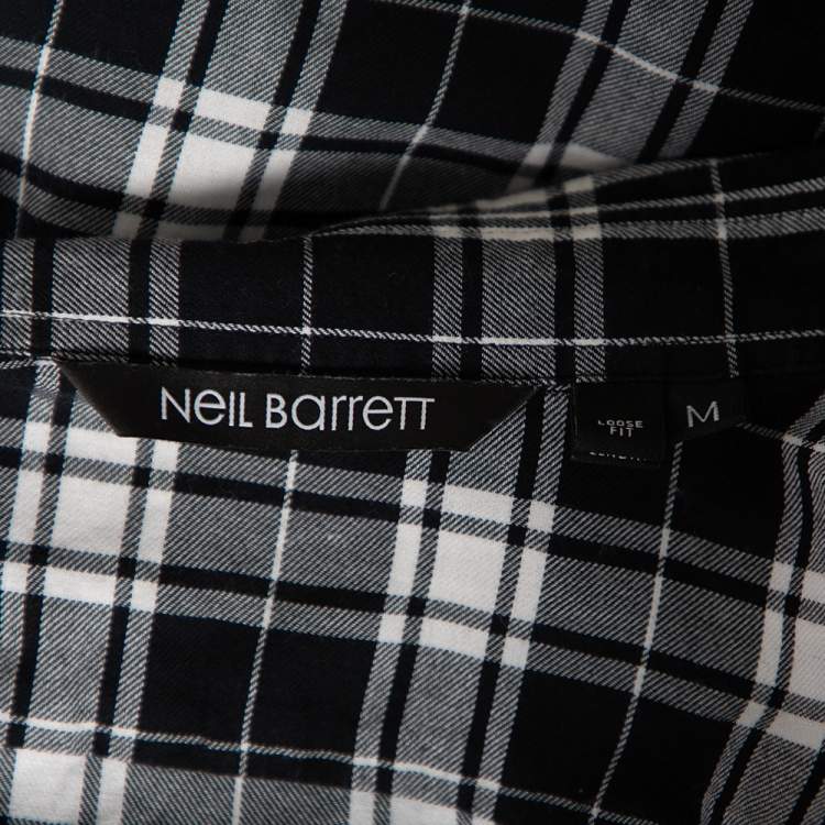 Pre Owned Neil Barrett Black Plaid Cotton Synthetic Patch Detail Loose Fit Shirt M 