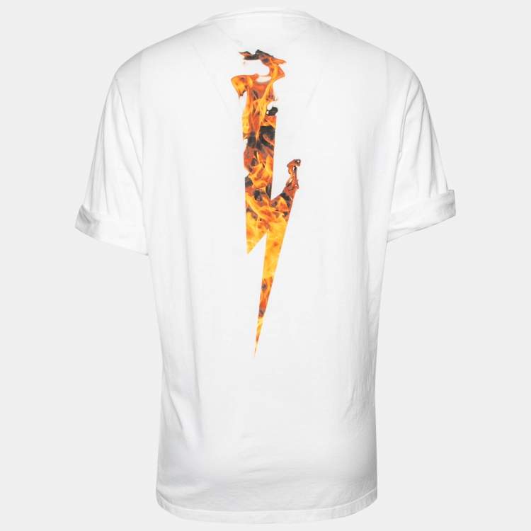 Pre Owned Neil Barrett White Cotton Thunderbolt Printed Crew Neck T-Shirt XL