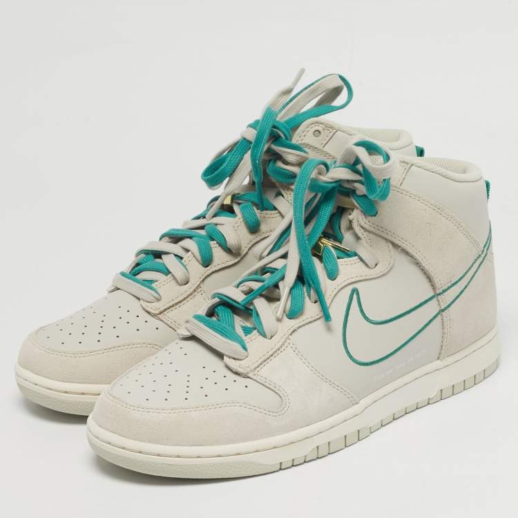 Pre Owned Nike Dunk First Use Sail Size 45 Grey/Green Leather and Suede High Top Sneakers