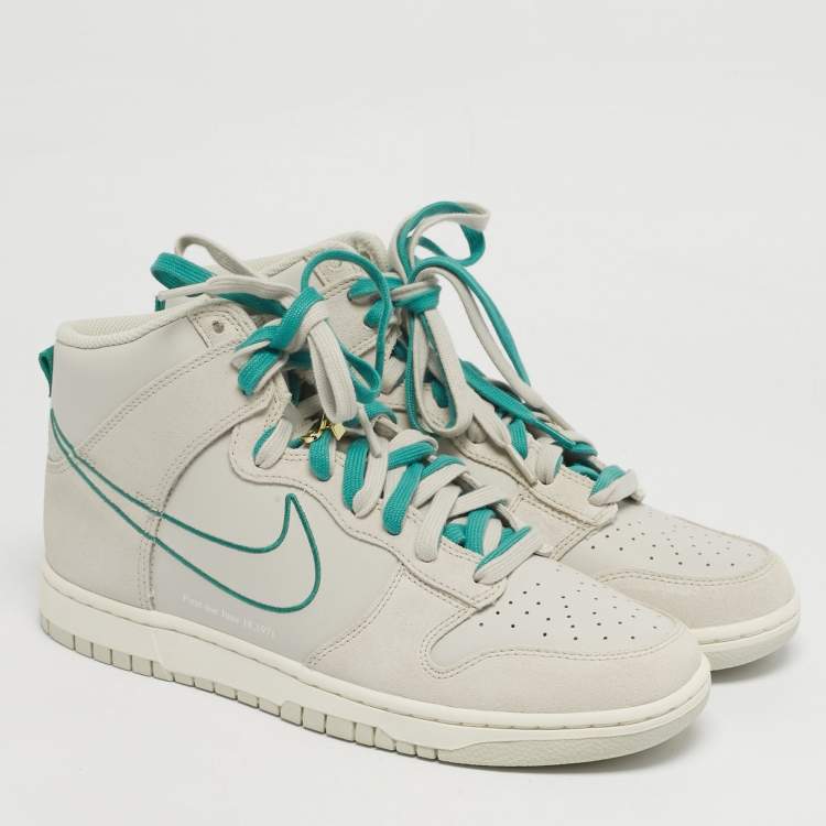 Pre Owned Nike Dunk First Use Sail Size 45 Grey/Green Leather and Suede High Top Sneakers