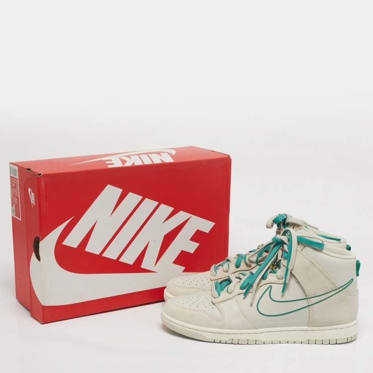 Pre Owned Nike Dunk First Use Sail Size 45 Grey/Green Leather and Suede High Top Sneakers