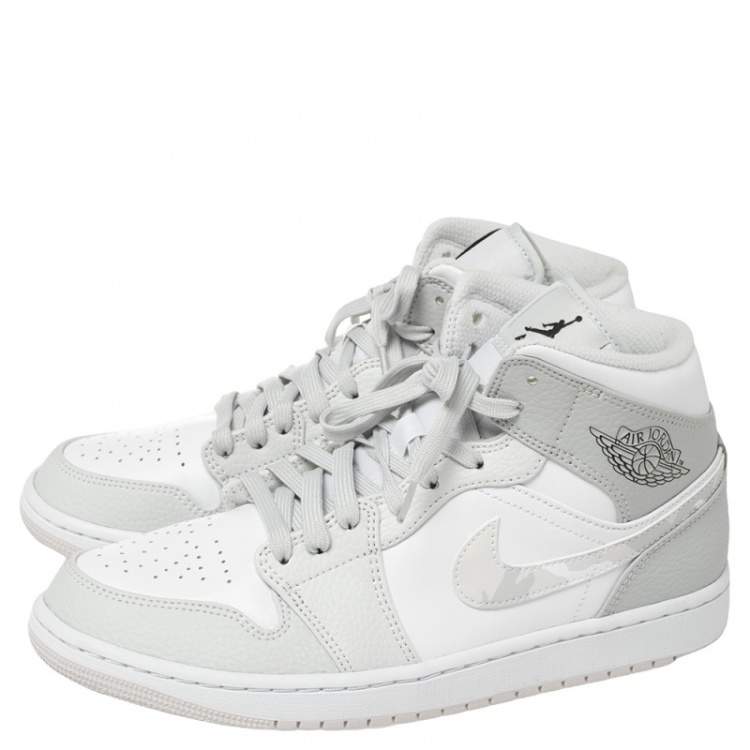 Pre Owned Air Jordan 1 Mid Grey/White Leather Camo Sneakers Size 42.5