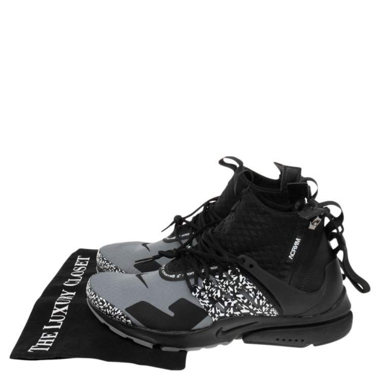 Pre Owned Nike Air Presto Mid Acronym Black/Grey Fabric And Rubber Lace Up  Sneakers Size 42.5