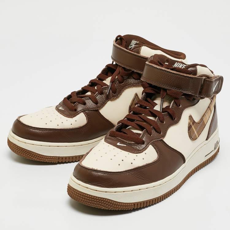Pre Owned Nike Brown/Beige Leather Air Force 1 Mid '07 Brown Plaid Sneakers Size 43