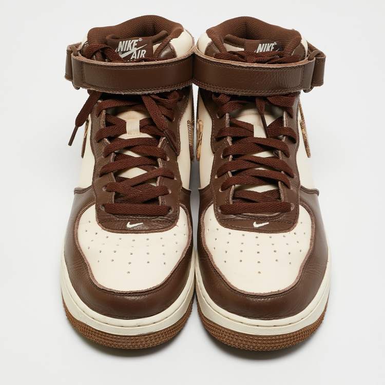 Pre Owned Nike Brown/Beige Leather Air Force 1 Mid '07 Brown Plaid Sneakers Size 43