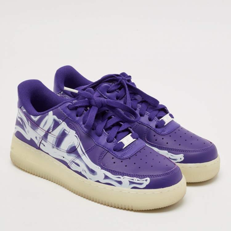 Pre Owned Nike Purple Leather Force 1 Low '07 QS "Purple Skeleton Halloween Sneakers Size 40               