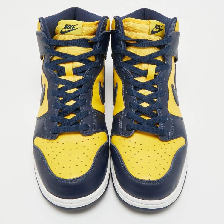 Pre Owned Nike Navy Blue/Yellow Leather Dunk High Michigan Sneakers Size 46
