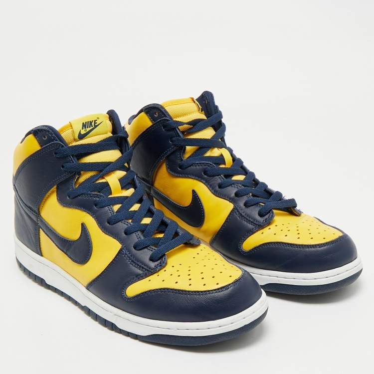 Pre Owned Nike Navy Blue/Yellow Leather Dunk High Michigan Sneakers Size 46