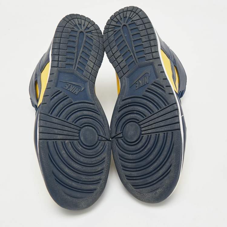 Pre Owned Nike Navy Blue/Yellow Leather Dunk High Michigan Sneakers Size 46